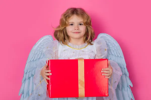 Cute Child Angel Gift Box Present Valentines Day Banner Cute — Stock Photo, Image