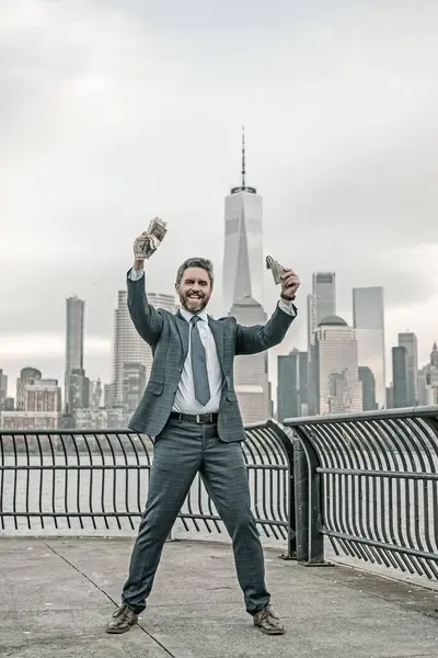 Businessman Hold Money New York Business Man Dollars Outdoor Wealth — Stock Photo, Image