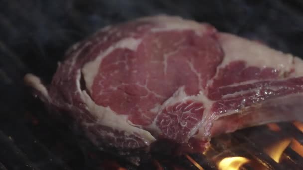 Grillowane Mięso Ogniem Pieczone Mięso Płomieniami Ognia Stek Wołowy Grillu — Wideo stockowe