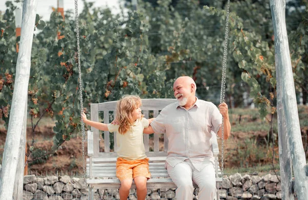 Großvater Und Sohn Schaukeln Garten Opa Und Enkel Spielen Auf — Stockfoto