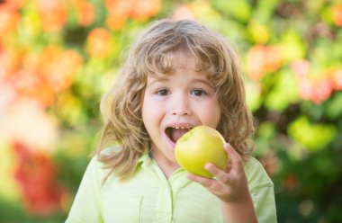 Çocukların yaz vitamini. Komik çocuk büyük elma meyvesi yiyor. Bulanık doğa arka planında çocuk portresi