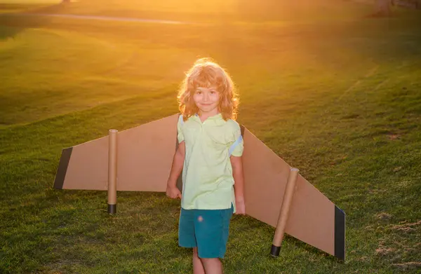 Kid pilot with backpack wings at sunset grass field. Child playing pilot aviator and dreams outdoors in park