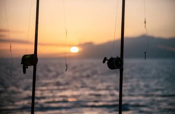 Fishing Rods Beautiful Seascape Sanset Sea — Stock Photo, Image