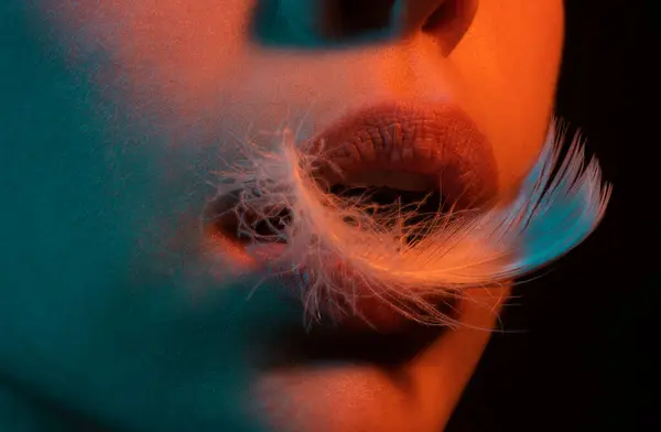 Lábios Sexy Close Lábios Rechonchudos Sexy Com Angel Feather Lip — Fotografia de Stock
