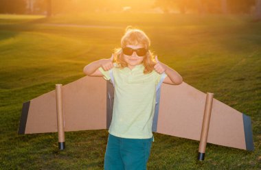 Kafkasyalı bir çocuk, gün batımında çimenli yaz tepesinde, güneşli, altın renkli bir gökyüzü arka planında oyuncak uçakla oynuyor. Mutlu gelecek konseptini hayal ediyorum.