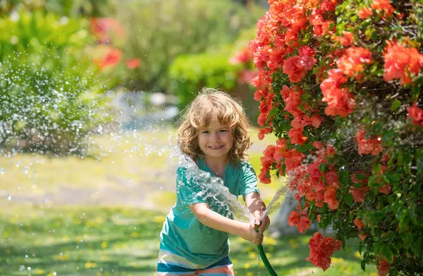 Söt Pojke Vattna Växter Trädgården Sommardagen Barn Med Trädgårdsredskap Och — Stockfoto