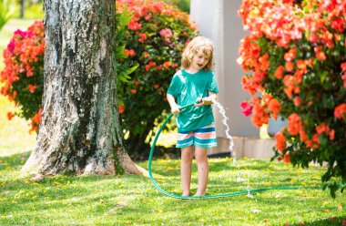 Bir yaz akşamı evin arka bahçesindeki su hortumuyla çiçekleri sulayan sevimli bir çocuk.