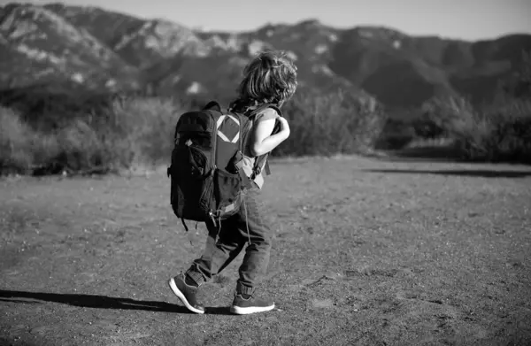 Kleine Jongen Met Rugzak Wandelen Schilderachtige Bergen Kind Lokale Toerist — Stockfoto