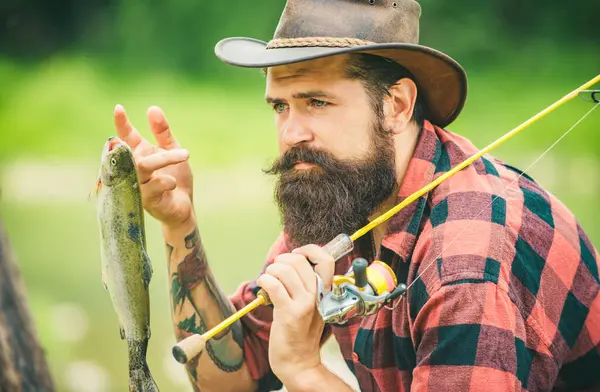Portrait Man Fishing Rod Fisherman Men River Water Outdoor Summer — Stock Photo, Image