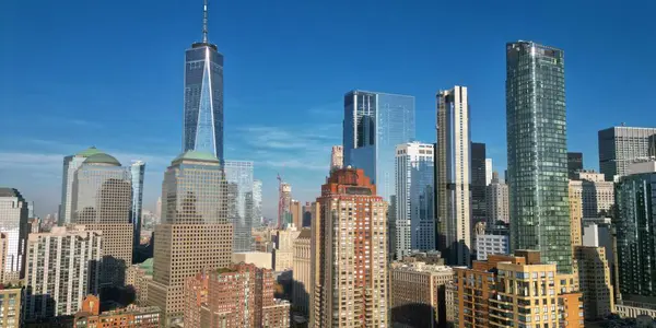 Nowojorska Panorama Wieżowce Manhattanie Nowym Jorku Widok Lotu Ptaka Hudson — Zdjęcie stockowe