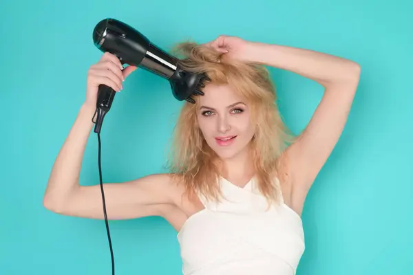 Young Woman Drying Her Hair Hairdryer Isolated Studio Background Young — Stock Photo, Image