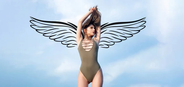 Angel woman with wings. Valentines day banner for website header design. Summer bikini girl. Sexy woman with slim body