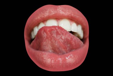 Gülümseyen ağızlar. Mutluluk gülüşü ve ağız ikonu, neşeli gülümseme, insan duyguları konsepti. Mutlu kadın dudakları. Ağız Simgesi. Siyah üzerine izole edilmiş.