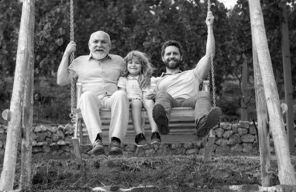 Men Family Playing Swing Together Excited Grandfather Amazed Father Funny — Stock Photo, Image