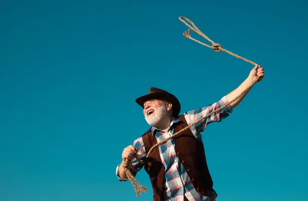 Lasso Throwing Old Wild West Cowboy Rope Bearded Western Man — Stock Photo, Image
