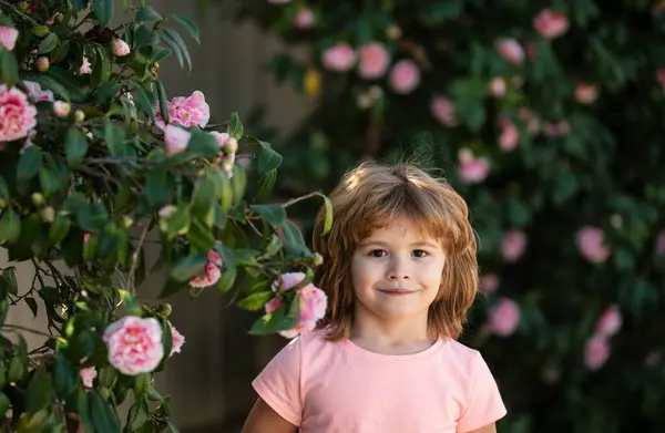 Çiçek Açan Yaz Bahçesinde Güzel Bir Çocuğun Portresi Çayırdaki Beyaz — Stok fotoğraf
