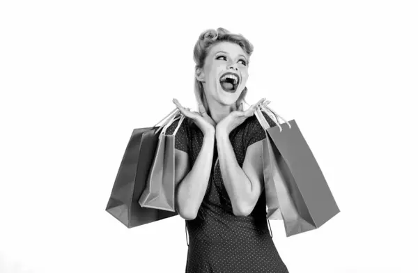 Alışveriş Torbalı Mutlu Afiş Kadın Büyük Satışlar Güzel Bayan Alışverişkolik — Stok fotoğraf