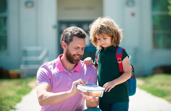 School Boy Going School Father Schoolboy Parent Shirt Holding Lunch — Stock Photo, Image