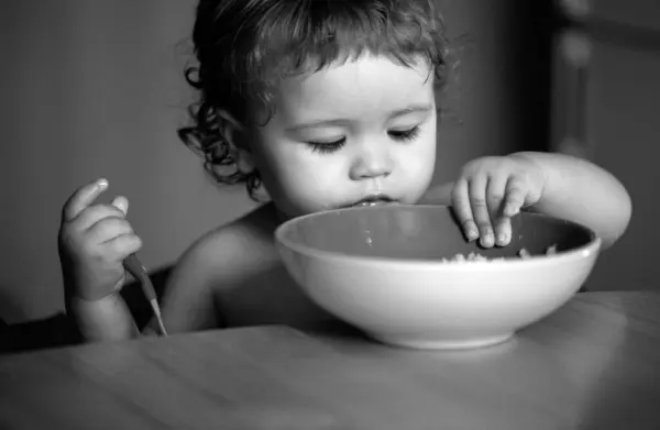 Kid Baby Eat Soup Kitchen Dishes Spoon — Stock Photo, Image