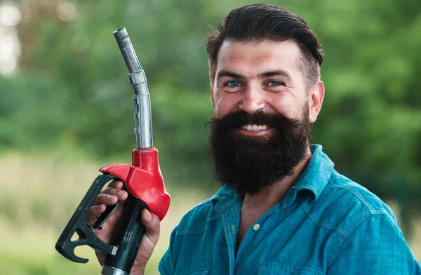 Man Petrol Pump Filling Nozzles Gas Station Portrait Bearded Man — Stock Photo, Image