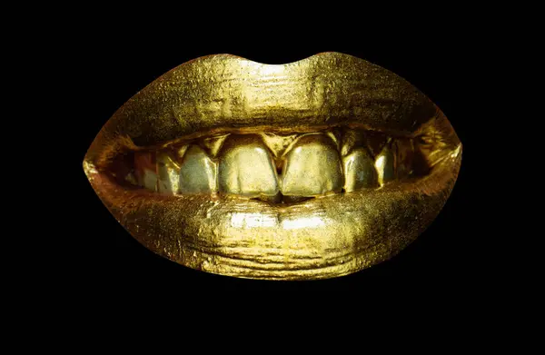 Beautiful lipped woman gold mouth. Sensual golden lips, sexy lip. Shine metalized lip
