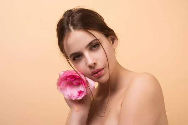 Skjønnhet Studio Portrett Vakker Modell Med Rosa Rose Blomst Isolert – stockfoto