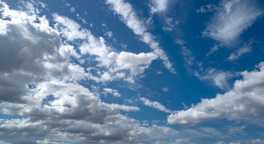 Yaz mavisi gökyüzü bulutu gradyan arkaplanı. Bulutlu gökyüzü. Çevre gününün ufuk çizgisinde canlı mavi manzara. Yumuşak arka planda beyaz bulutlar. Beyaz bulutlu gökyüzü