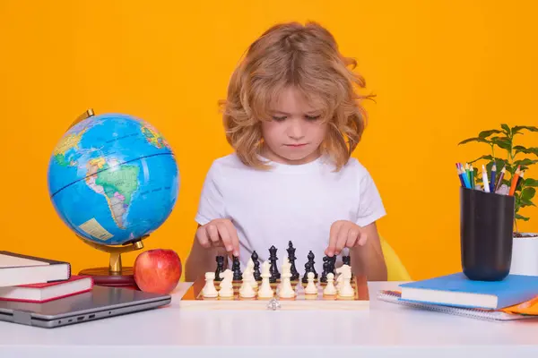 Child Chess Yellow Isolated Studio Background Little Kid Play Chess — Stock Photo, Image