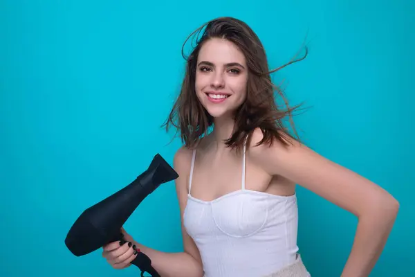 Woman Drying Her Hair Hairdryer Isolated Studio Background Girl Blow — Stock Photo, Image