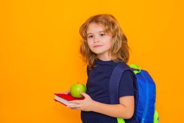 Okula dönelim. Sarı arka planda kitap ve elma olan ilkokul çocuğu. Küçük öğrenci, zeki inek öğrenci çalışmaya hazır. Bilgi, eğitim ve öğrenim