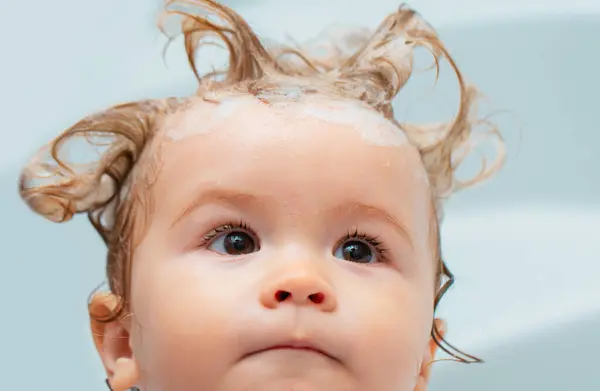 Baby Child Washing Bathroom Foam Funny Kids Face Closeup — Stock Photo, Image
