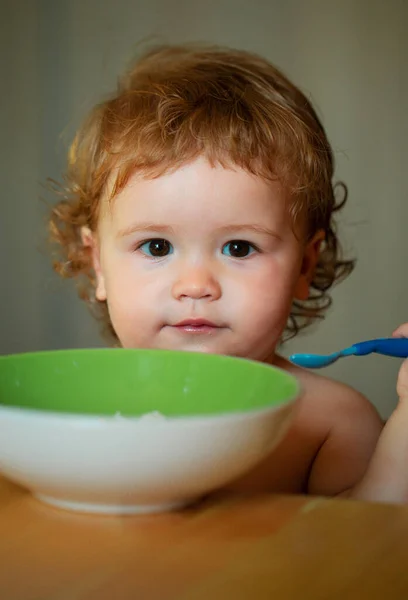 Funny Little Baby Kitchen Eating Fingers Plate — Stock Photo, Image