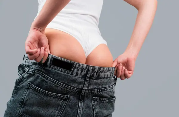 Woman Denim Takes Panty Unzips Her Pants Seduction Sexuality Womens — Stock Photo, Image