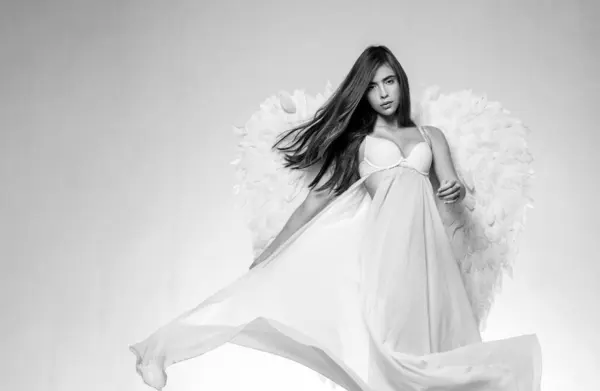 stock image Angel wings. Young woman in angel costume. Valentines day and costumes concept. Cupid woman. Valentines Day concept