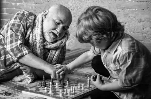 Handsome Grandpa Grandson Playing Chess While Spending Time Together Home — Stock Photo, Image