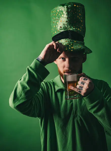 Leprechauns Hat Man Green Background Celebrate Patricks Day — Stock Photo, Image