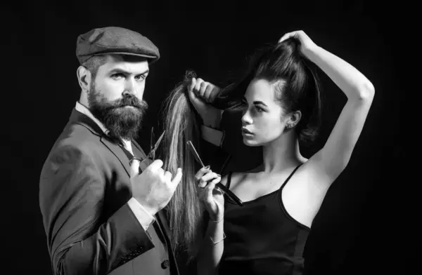 Barber shop design. Hair Stylist and Barber. Bearded man hipster wiht beauty woman. Fine Cuts. Portrait woman with long hair