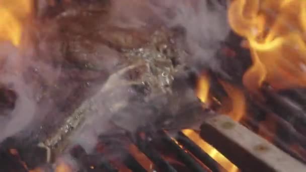 火炎でロースト肉 火でグリルにビーフステーキ ミートステーキは 燃えるグリルで調理します 焼肉はバーベキューで焼きました グリルにステーキ 火炎でバーベキューで焼いた肉 — ストック動画