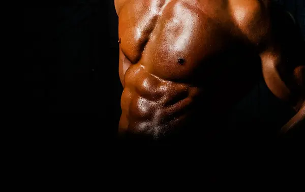 Strong Sexy Athletic Man Fitness Model Showing Naked Torso Cropped — Stock Photo, Image