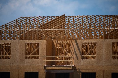 Kereste Kuyusu Evi. Amerika 'da yeni kereste çerçeveli evler inşa etmek. Timber Canadian Log Home ya da OSB Sheathing 'li Timber Finland Log House. Çağdaş ekolojik yapı