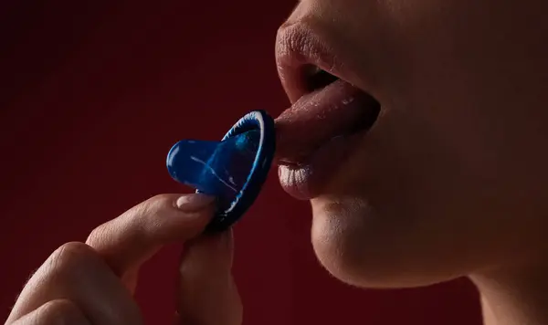 Tongue Licking Condom Mouth Sensual Girl Condom Open Mouth Sexy — Stock Photo, Image