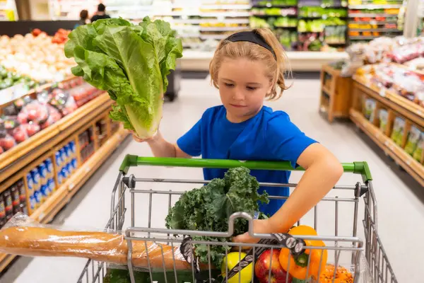 Kid Shopping Cart Vegetables Grocery Store Little Child Choosing Food — Stock Photo, Image