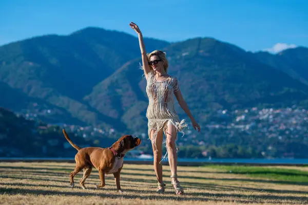Carefree Girl play with Boxer dog near nature with mountain background. Girl throwing ball to boxer dog. Dog tries to catch ball. Sensual Woman playing with dog in park on summer day. Lovely pet