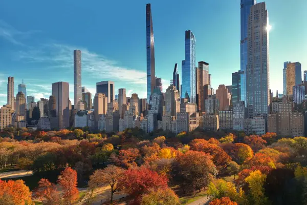 Jesienna Jesień Jesienny Widok Central Park Drona Zdjęcie Panoramy City — Zdjęcie stockowe
