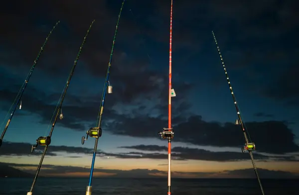 Fishing Pole Ocean Sea Sunset Fishing Rods Set Beach Shore — Stock Photo, Image
