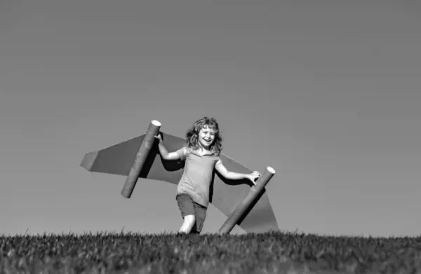 Happy child play with toy plane cardboard wings against blue sky. Kid having fun in summer field outdoor. Portrait of boy with paper wings