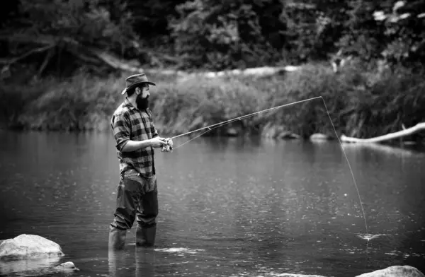 Fishing Hobby Summer Weekend Bearded Men Fisher Fishing Rod Net — Stock Photo, Image