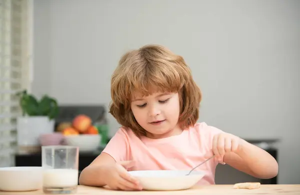 Child Eating Healthy Food Cute Little Boy Having Soup Lunch — Stock Photo, Image