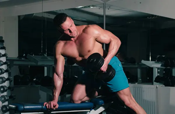 Spor Salonundaki Üstsüz Adam Vücut Geliştirici Pazı Kaslarını Halter Egzersizleriyle — Stok fotoğraf