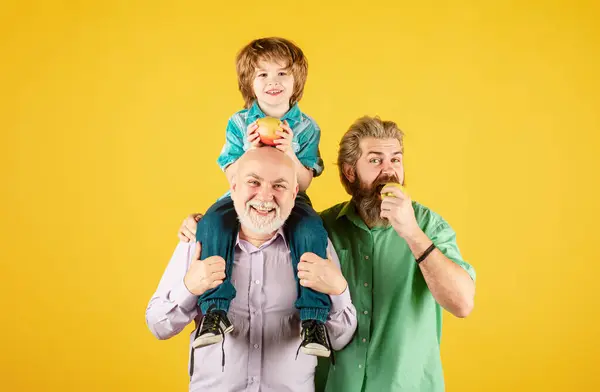 Grandfather father and grandson hugging and eating apple. Men in different ages, isolated on yellow
